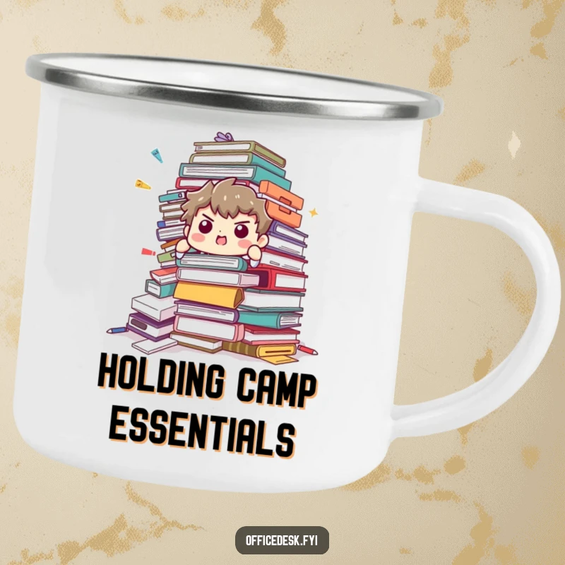 Funny Camping Mug: Character struggling to hold a large, falling pile of office supplies, bringing office humor to camping.