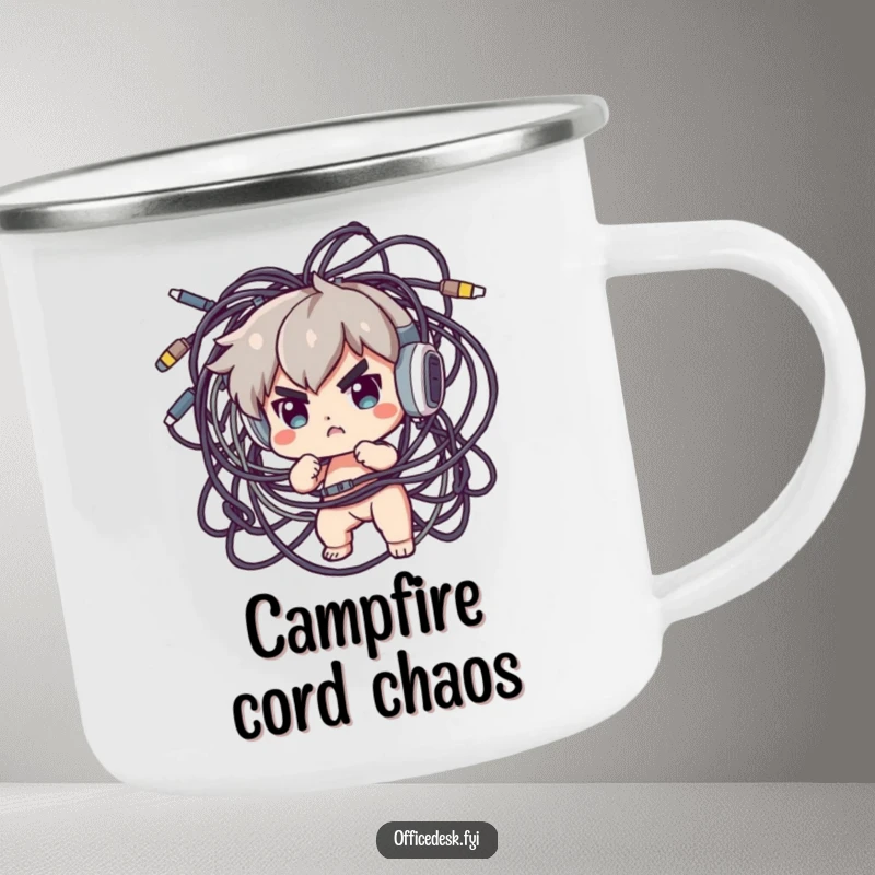 Funny Camping Mug: A determined character heroically navigating a dense, tangled forest of electronic cables outdoors, adventure humor.