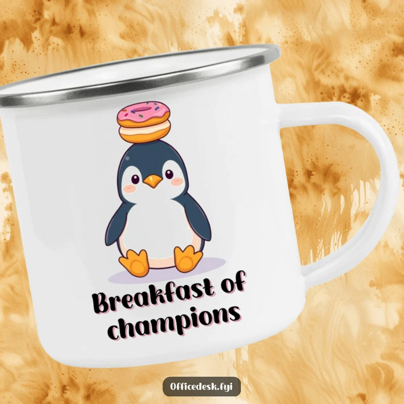 Rugged camping mug with a funny penguin precariously balancing donuts, outdoor dessert humor.