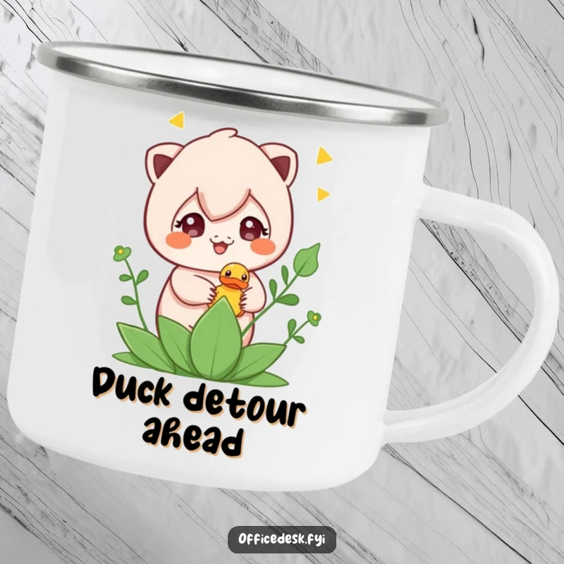Funny camping mug with a cute character hiding a rubber ducky in a plant, perfect for outdoor adventures and lighthearted moments.