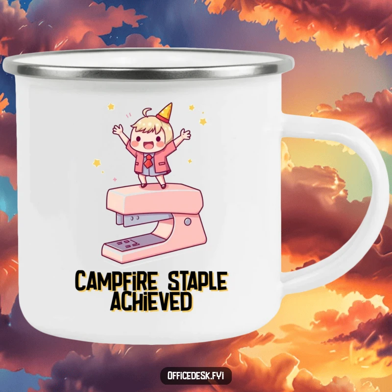 Funny camping mug showing a character dancing on a stapler, perfect for humorous outdoor adventures or office breaks.