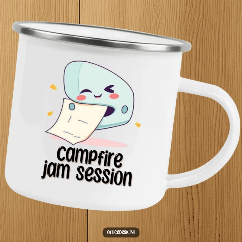Funny camping mug showing a cute stapler character with a mischievous wink, jamming a giant piece of paper.