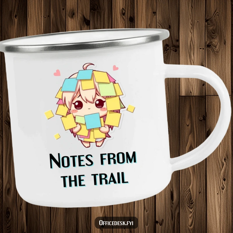 Funny cute character covered in sticky notes, looking bewildered but amused on a durable camping mug for humorous outdoor fun.