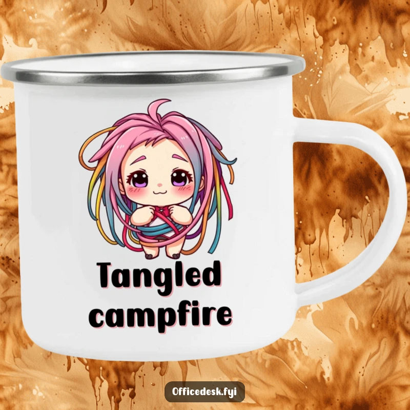 Funny camping mug with a character grinning, tangled in cords, symbolizing tech adventures and humorous connections. Durable and amusing.