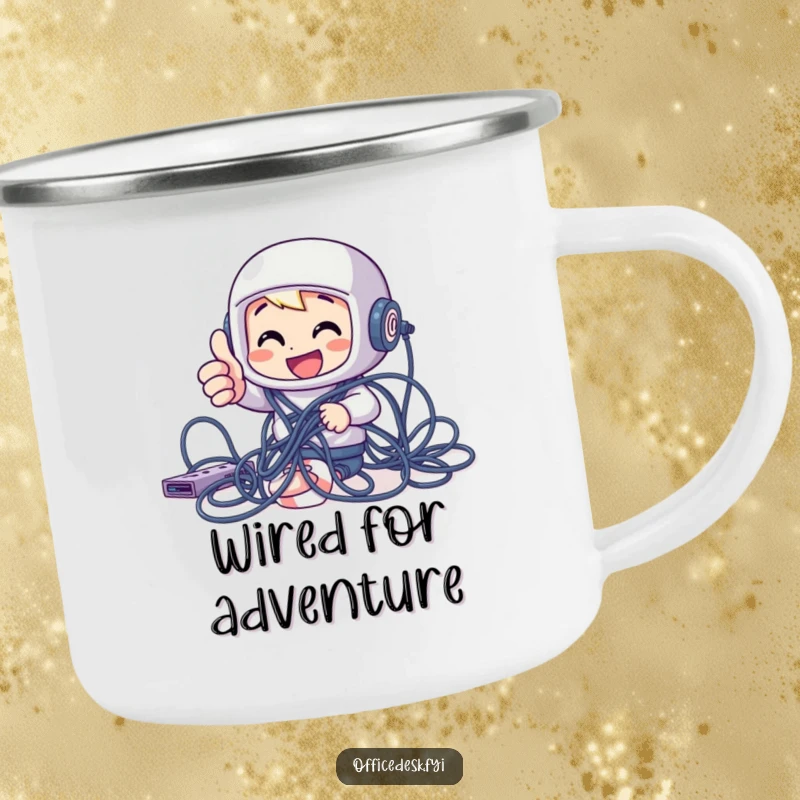 Funny cheerful character giving a thumbs up while tangled in computer cables on a durable camping mug for humorous outdoor fun.