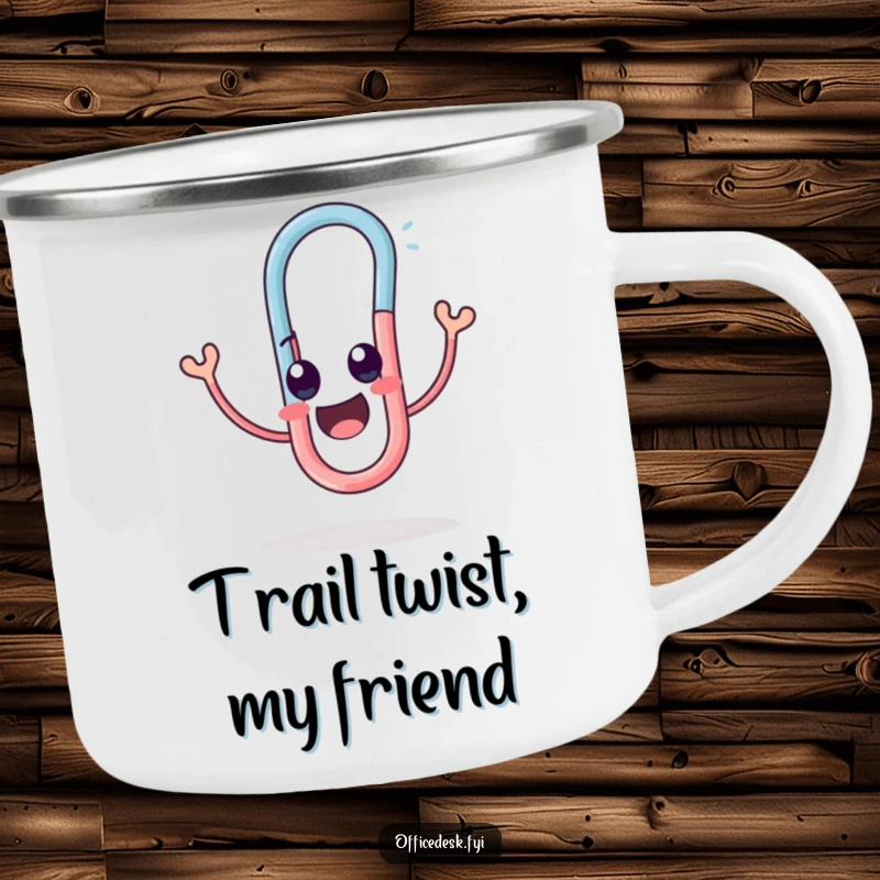 Funny camping mug with a cute paperclip character twisting into a funny, happy shape with glee.