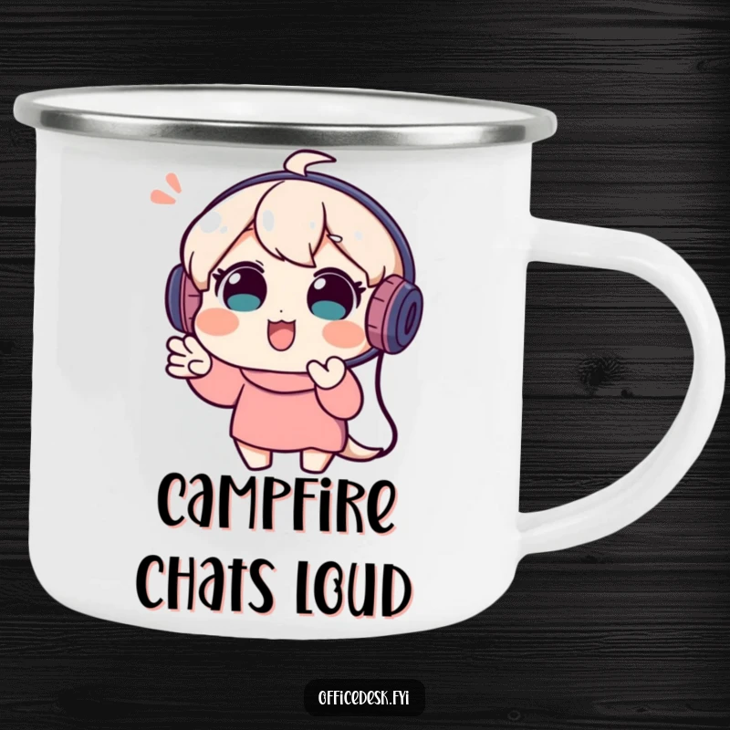 Funny camping mug with a playful character in a headset, enthusiastically gesturing during a video call, great for outdoor chats.