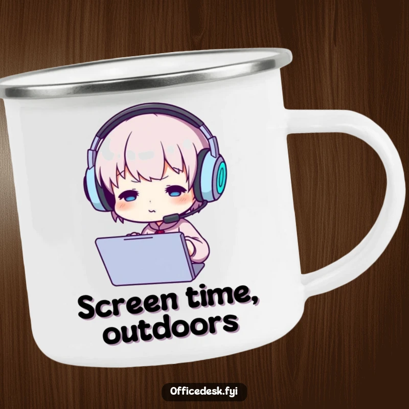 Funny camping mug showing a small character wearing oversized headphones, intensely focused on a screen, perfect for digital nomads.