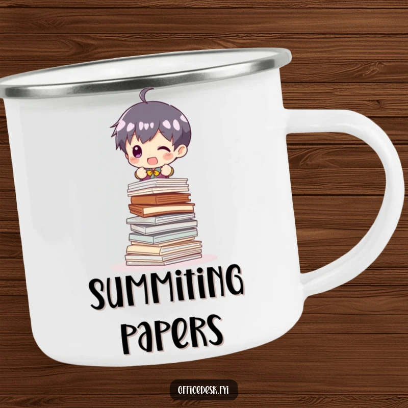Funny Camping Mug: A tiny character balancing a huge pile of papers, a humorous outdoor accessory.