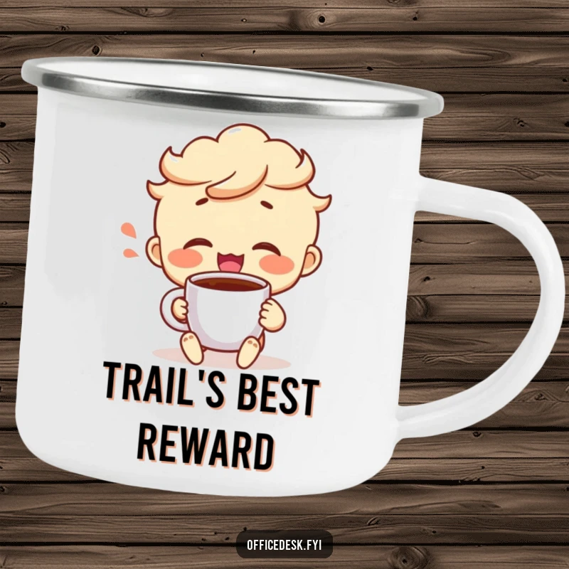 Funny camping mug with a cheerful character taking a satisfied sip from a coffee mug, conveying contentment and outdoor joy.