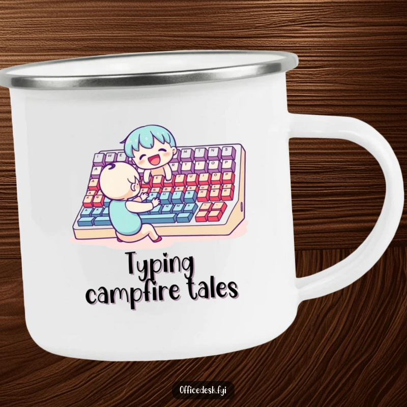 Funny Camping Mug: A small, joyful character happily typing on a giant keyboard in an outdoor, natural setting.
