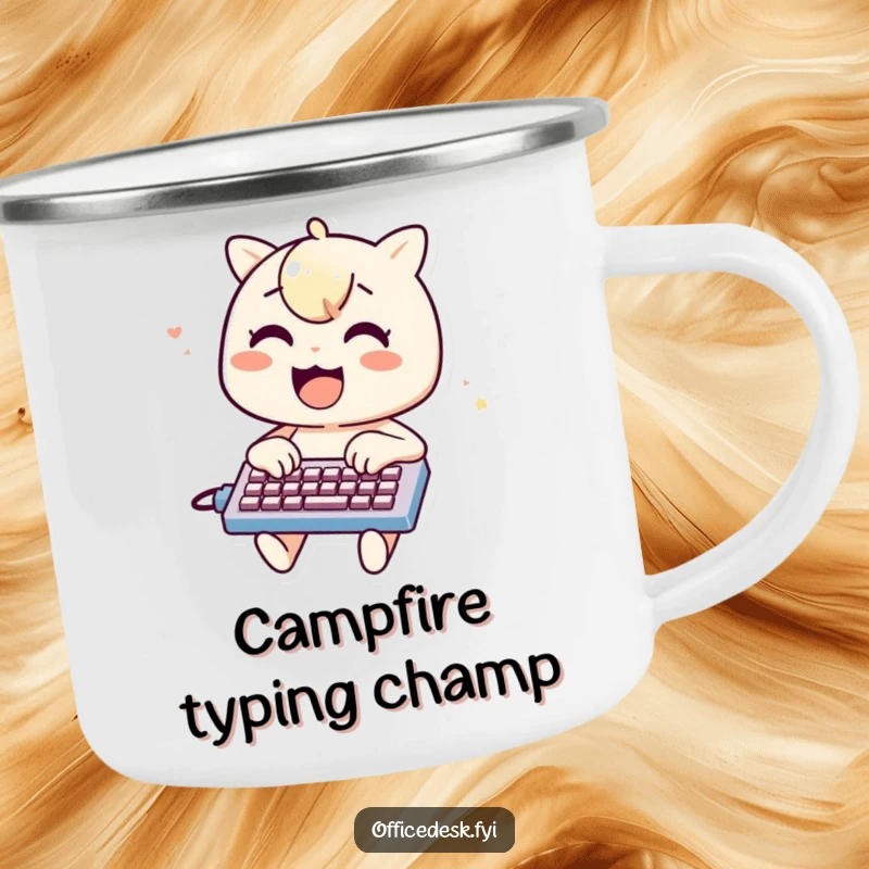 Funny camping mug with a cheerful character typing on a miniature keyboard, perfect for outdoor enthusiasts and a funny gift.