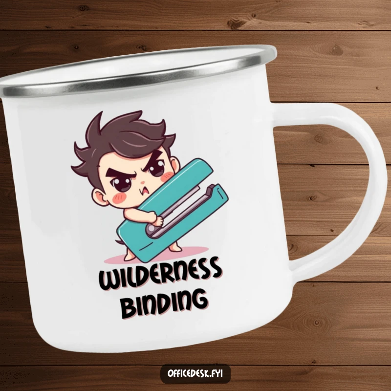 Funny character determinedly wrestling a giant stapler on a humorous camping mug, ready for any outdoor challenge.