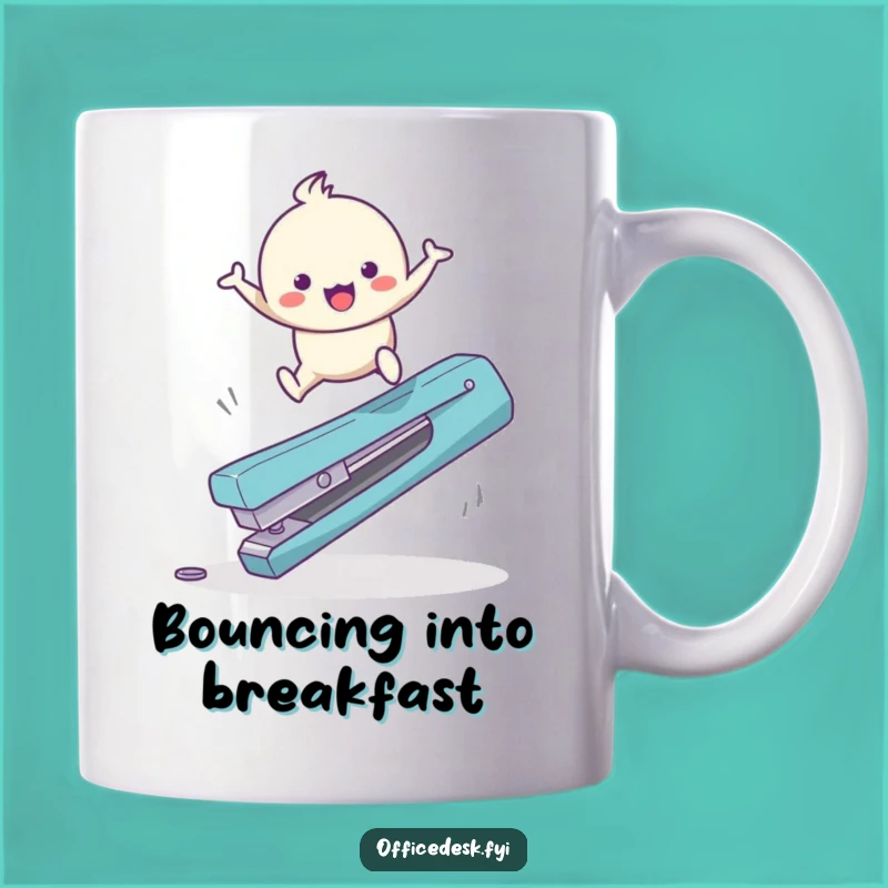 Funny Obstacle Course Mug: Happy Character Leaping Staple Remover, Perfect Funny Gift