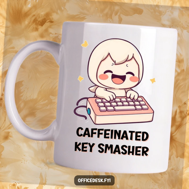 Funny Mug: Playful character grinning while typing rapidly on a tiny miniature keyboard, showcasing speed and fun.