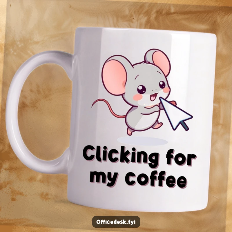 Funny mug with a small computer mouse character playfully chasing a cursor on a computer screen, embodying tech fun.