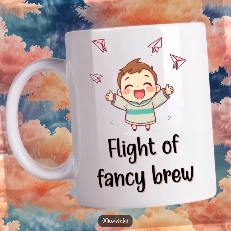 Funny Paper Airplane Mug: Happy character enthusiastically launching paper planes that fly erratically, great funny gift.