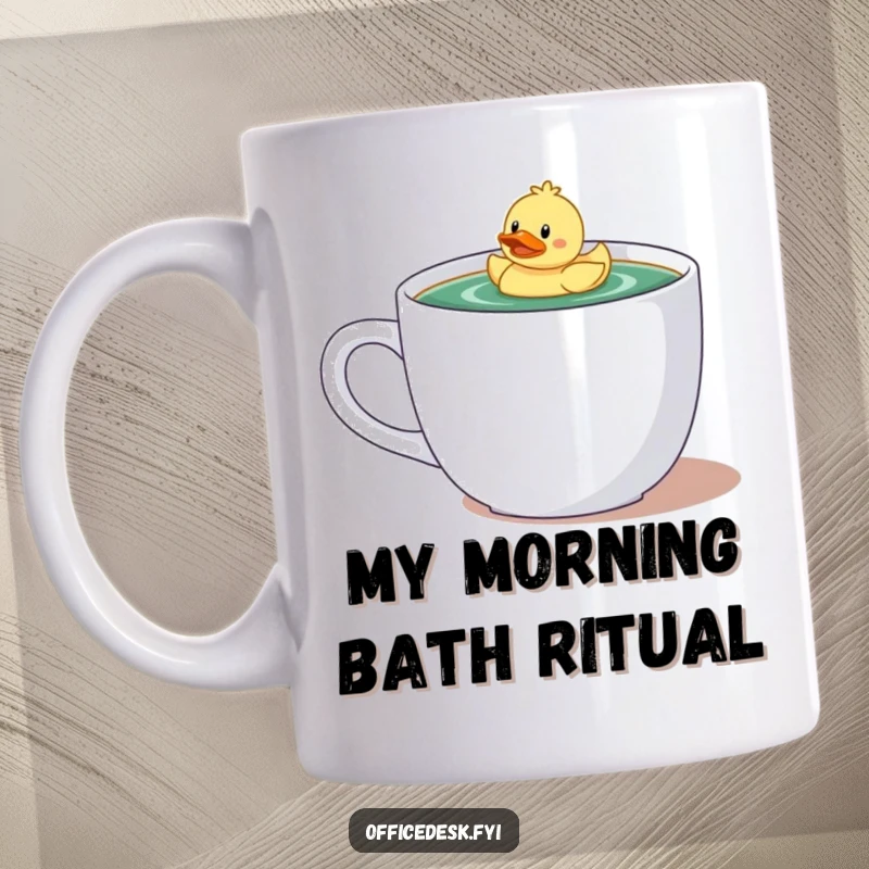 Funny mug featuring a tiny, happy character floating with a rubber ducky in a giant steaming coffee mug, bringing whimsical joy.