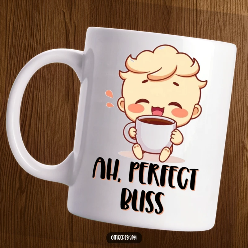 Funny mug featuring a cheerful character with a satisfied sigh, taking a triumphant sip from a coffee mug, pure contentment.