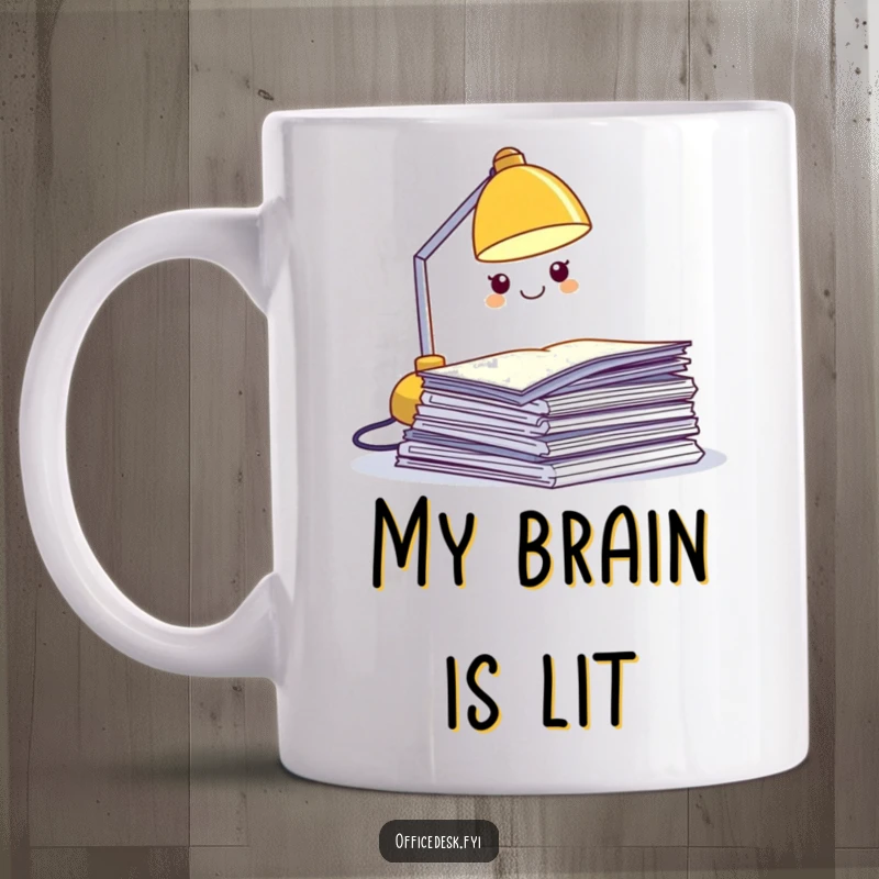 Funny desk lamp mug, a miniature grinning lamp character illuminating a huge pile of papers, perfect office humor.