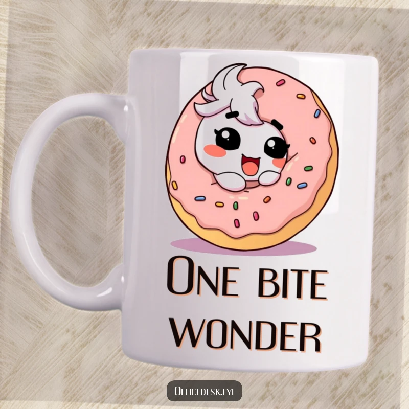 Funny Mug: A cute character with a wide, goofy grin happily about to take a bite out of a very large, iced donut.