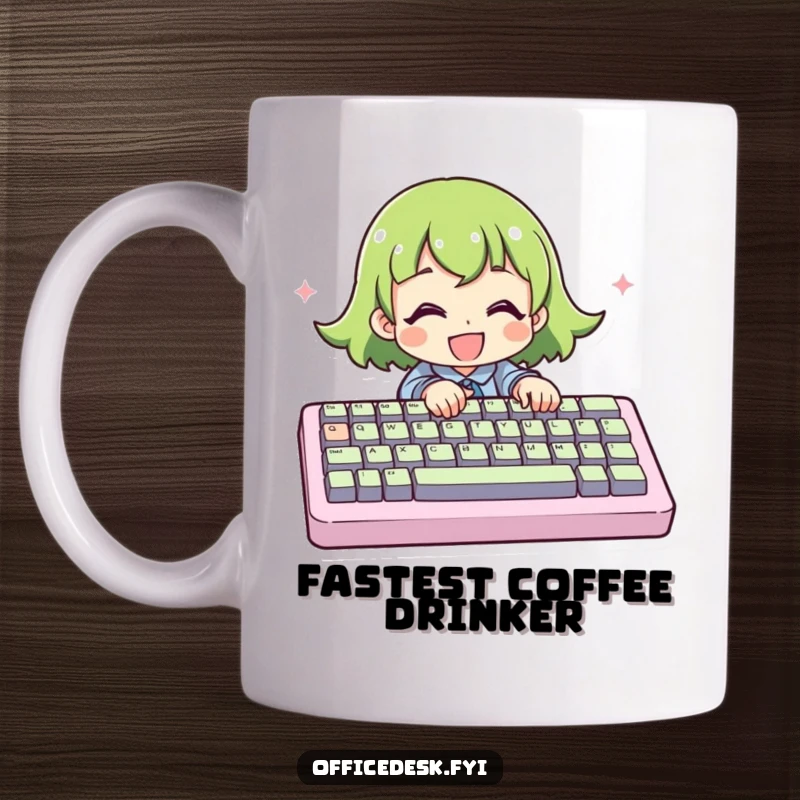 Funny Mug: A character excitedly typing on a comically huge keyboard, symbolizing intense focus and tech enthusiasm.