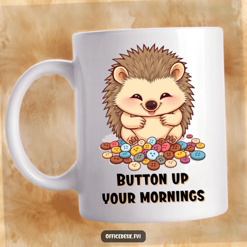 Funny mug featuring a cheerful hedgehog carefully sorting its tiny button collection with intense focus and cute precision.