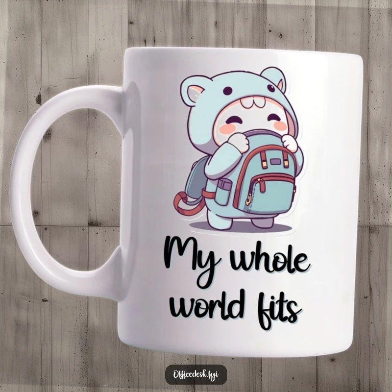 Funny mug showing a character zipping a microscopic backpack with excitement, ready for a tiny, humorous adventure.