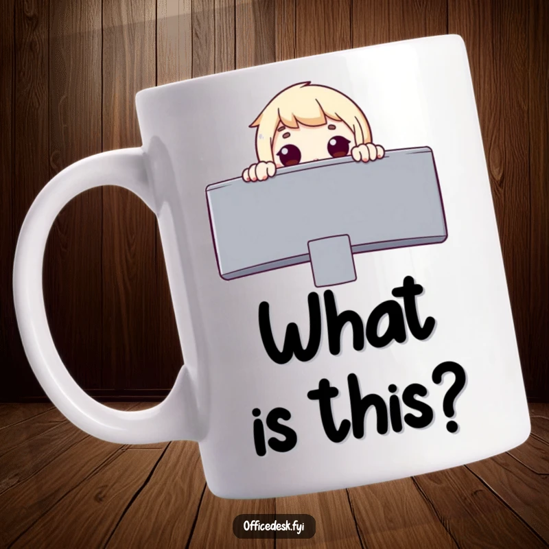Funny mug showing a surprised character peeking over a giant computer monitor with wide eyes, full of wonder and amazement.