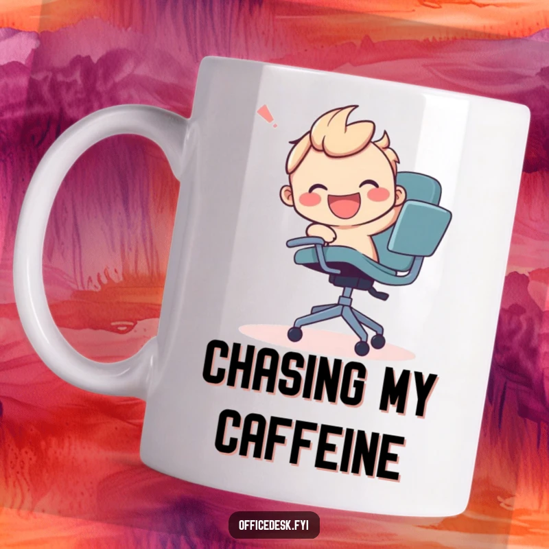 Funny mug featuring a smiling character joyfully wrestling with a runaway office chair in a comical pursuit.