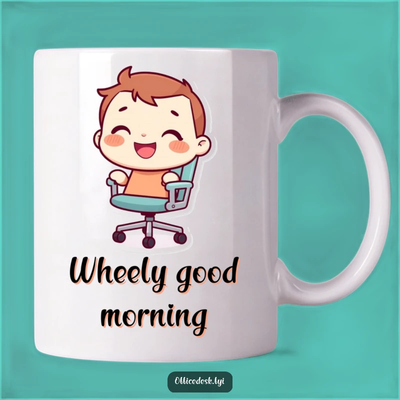 Funny Office Chair Rider Mug: Tiny Character's Joyful Desk Ride