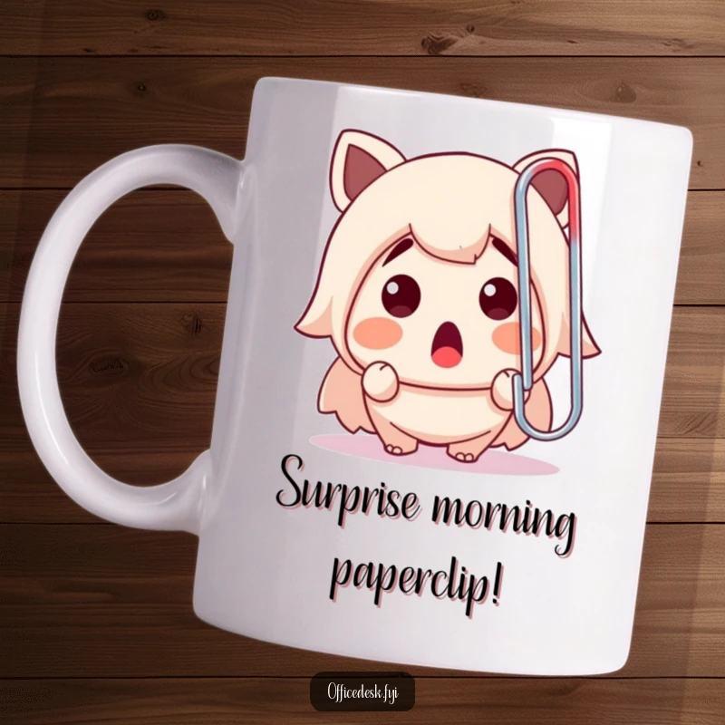Funny mug featuring a cute character gasping in shock at a colossal, rogue paperclip, a relatable office humor scene.