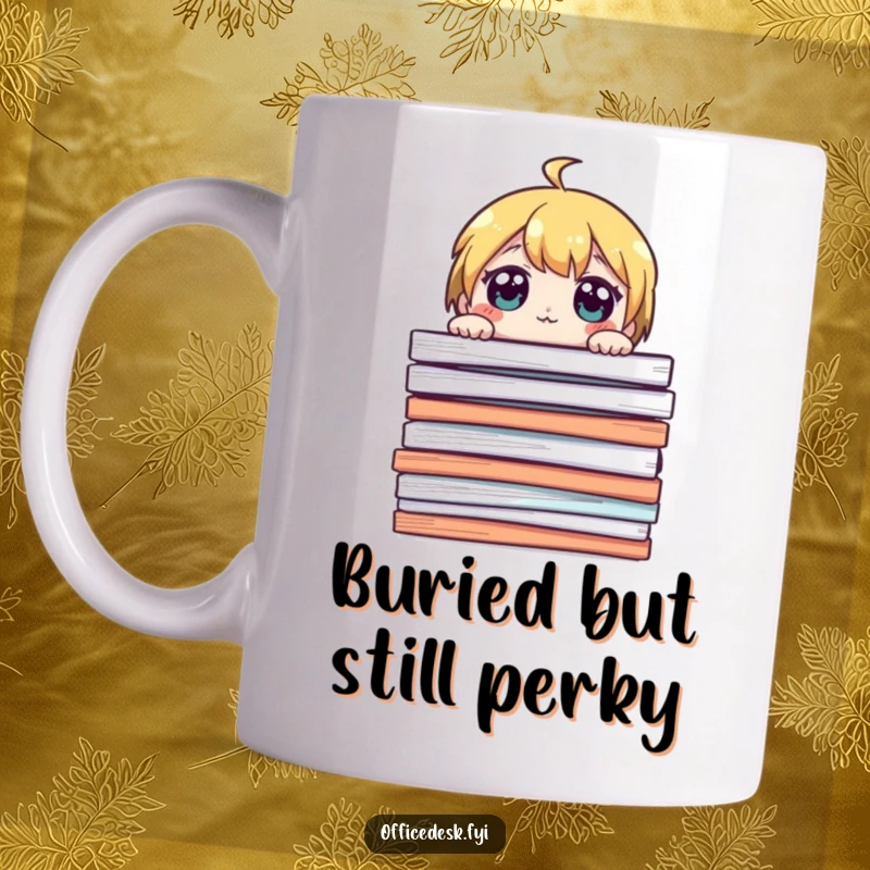 Funny mug with a cute character peeking over a giant stack of papers, eyes wide with overwhelm, symbolizing work stress humorously.