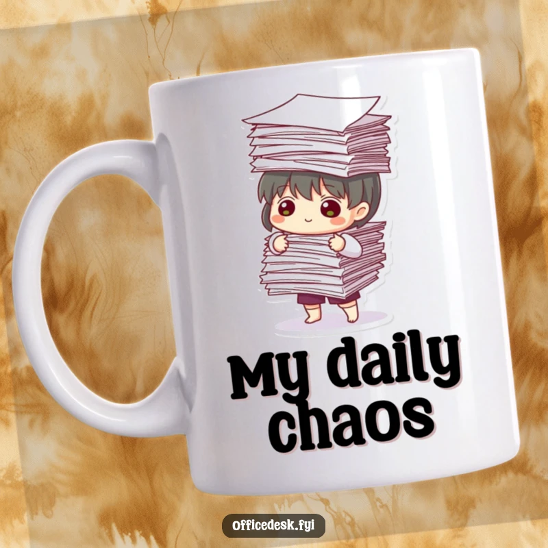 Funny Mug: Cute character intently balances a huge, precarious stack of papers, symbolizing workplace challenges.