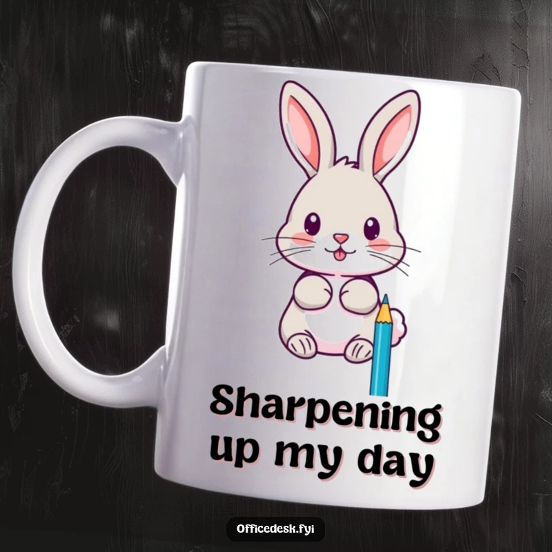 Funny mug featuring a focused rabbit sharpening pencils with extreme precision and a determined, artistic expression.
