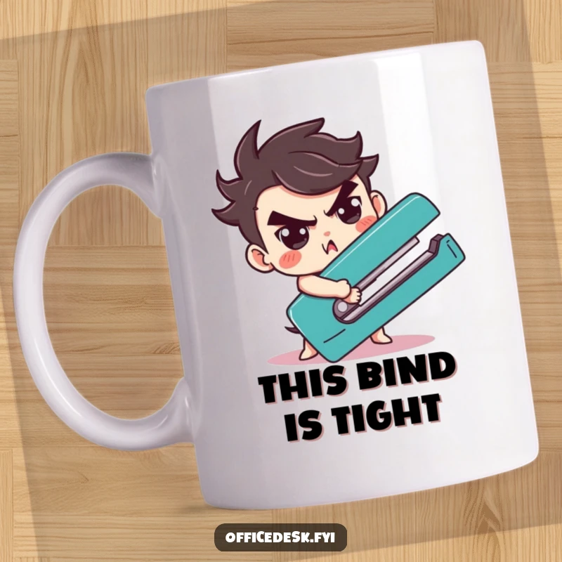 Funny, cute character with a determined expression, wrestling a giant stapler on a humorous mug.
