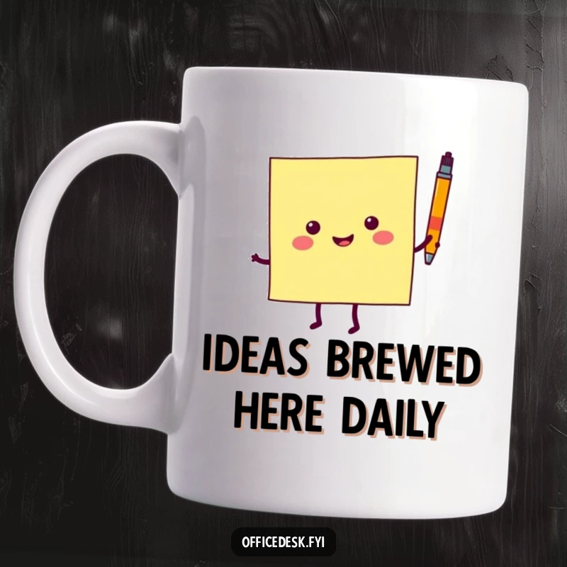 Funny mug featuring a cheerful sticky note character joyfully dancing with a tiny pen, celebrating the fun and energy of a happy day.