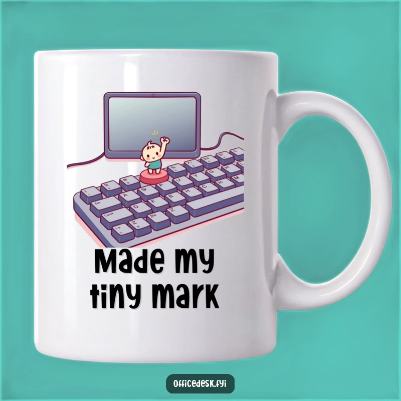 Funny Tiny Button Victory Mug - Small Character's Triumph on Big Keyboard