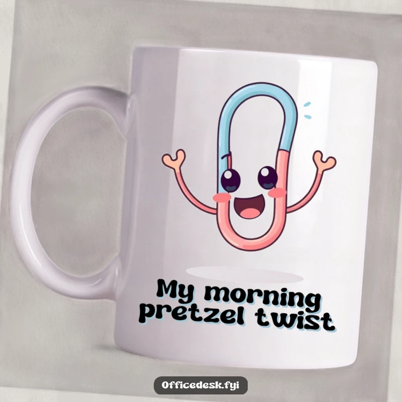 Funny mug showcasing a happy paperclip character contorting into a delightful, amusing shape with pure joy.