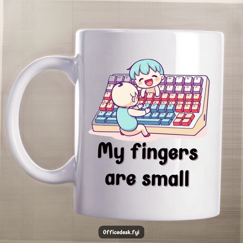 Funny Mug: A small character typing with immense joy on a comically oversized keyboard, symbolizing big tasks.