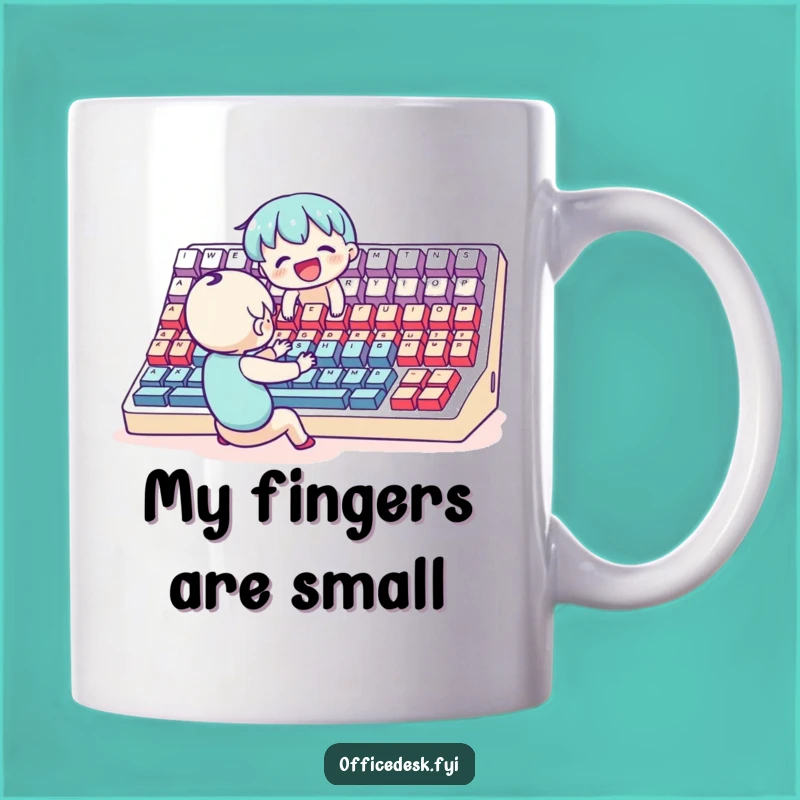 Funny Typist Mug: Joyful Character Overwhelmed by Giant Keyboard, Perfect Funny Gift