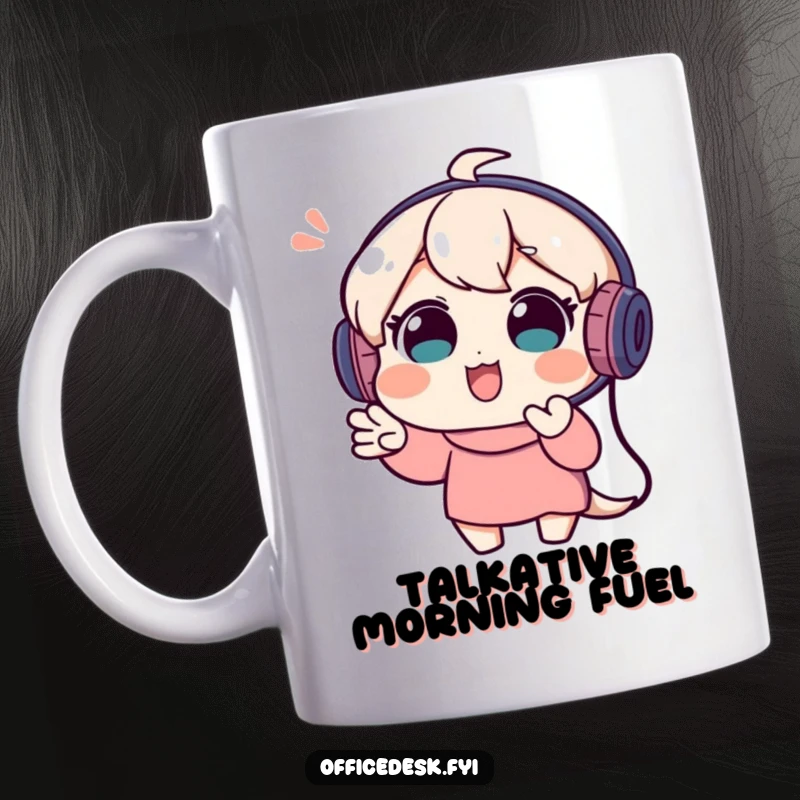 Funny mug featuring a playful character wearing a tiny headset, enthusiastically gesturing during an animated video call.