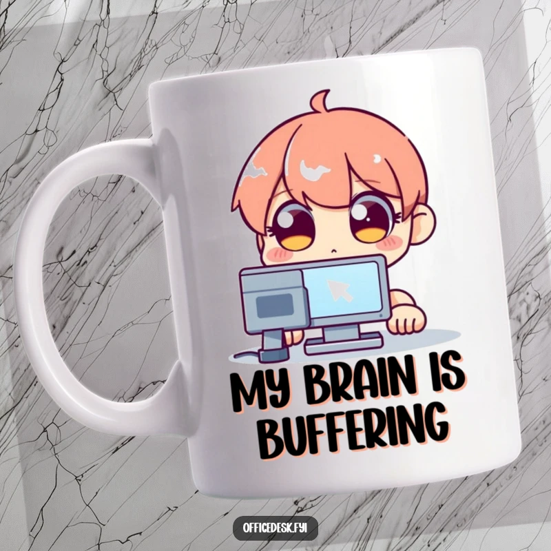 Funny mug featuring a wide-eyed character frozen in a stare at a slowly blinking computer cursor, capturing tech frustration.
