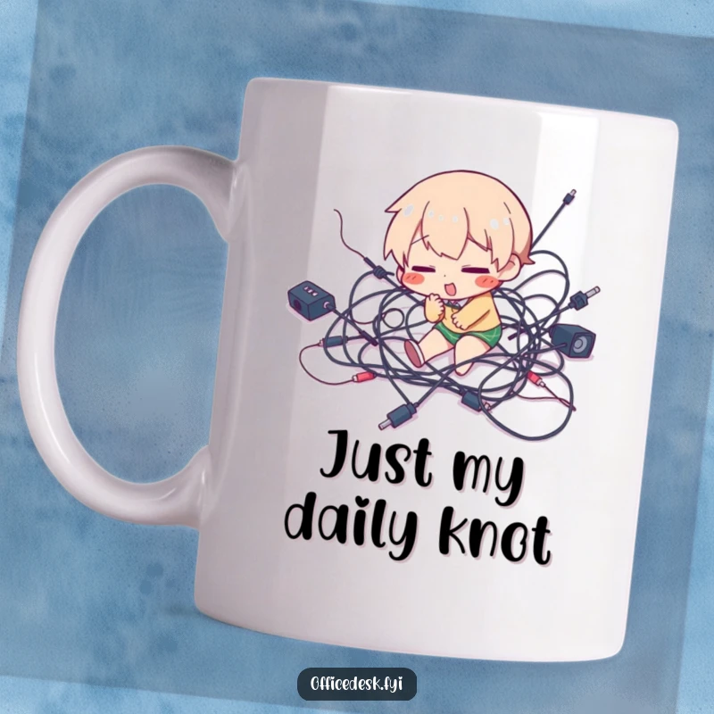 Funny mug showing a character comically stumbling over a large, tangled mess of computer and electronic wires.