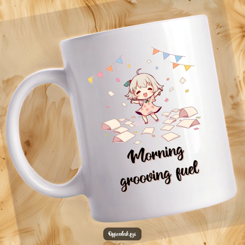 Funny Mug: Small character joyfully dancing amidst scattered papers, expressing freedom and office fun. A humorous gift for stressed professionals.