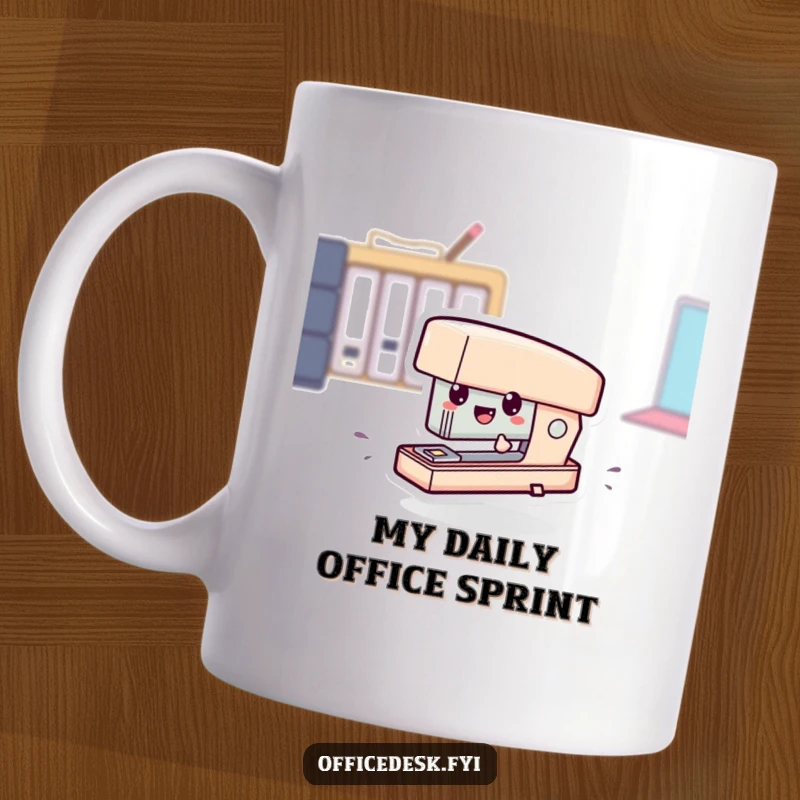 Funny mug with a tiny stapler character comically zipping at high speed across a desk, conveying office chaos.