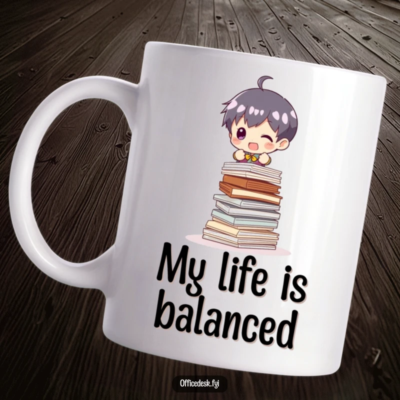 Funny Mug: Tiny character struggling to balance a huge, teetering stack of papers, looking stressed but determined.