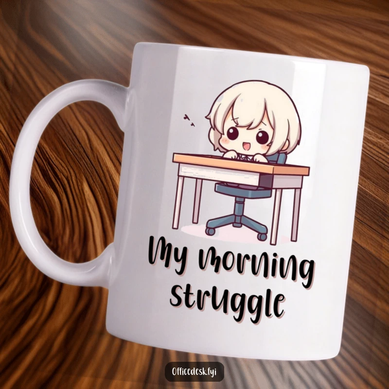 Funny mug showing a small character comically attempting to fit into a tiny chair, emitting a squeal of effort.