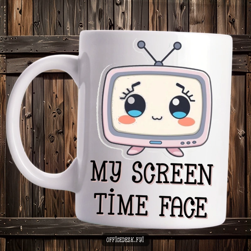 Funny mug featuring a tiny computer monitor character with huge, wide eyes, making a comical and relatable facial expression.
