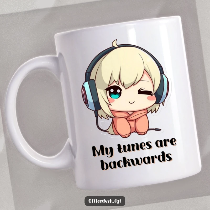 Funny mug with a cute character giving a mischievous wink while wearing headphones backwards, a playful music lover design.